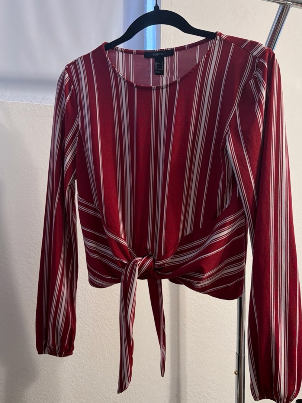 Forever 21 Womens Red Striped Tie-Front Blouse